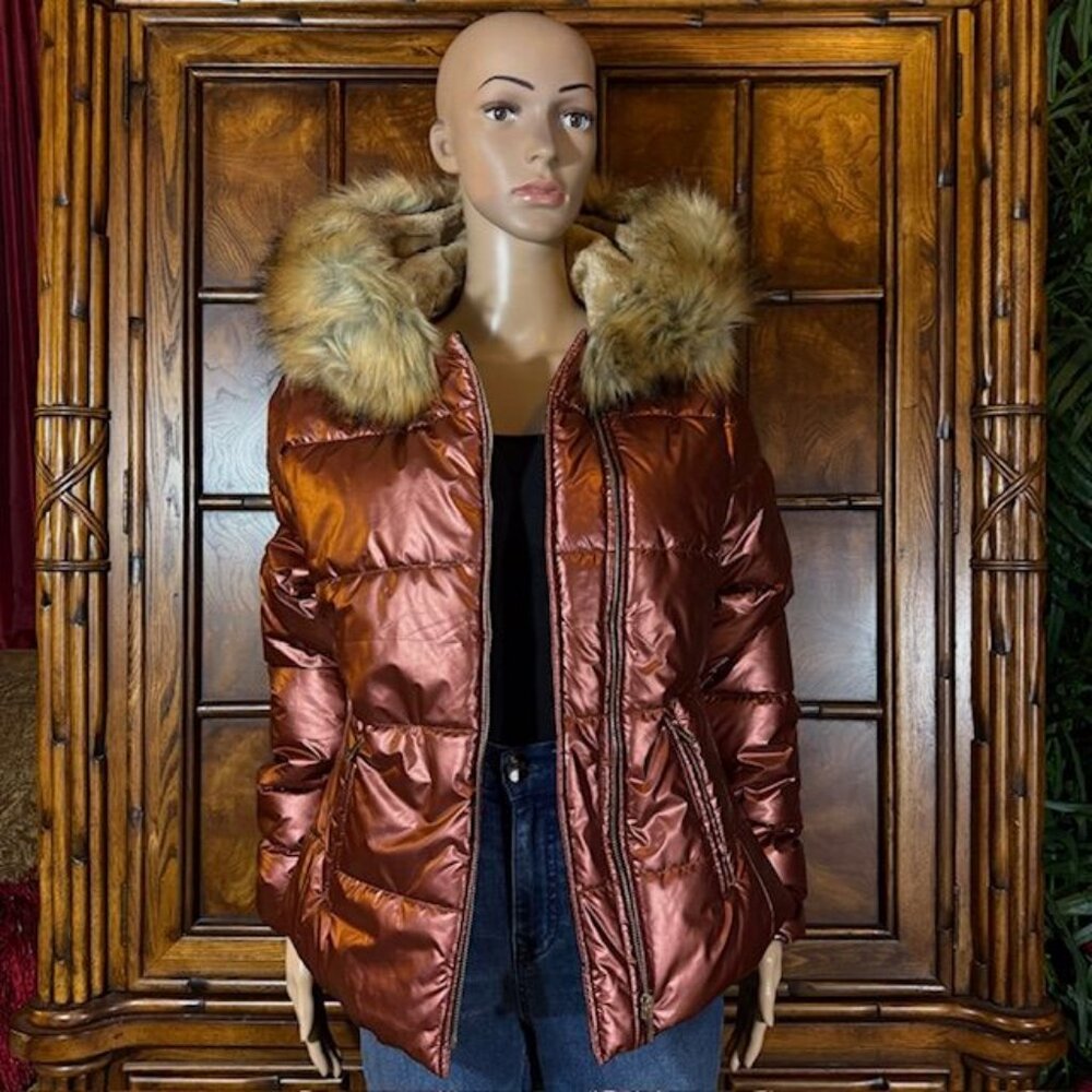 Roiii Copper Brown Faux Fur Hood Cotton Blend Parka Puffer Jacket